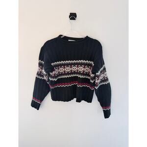 Vintage Express Knit Sweater Black Wool Nordic Fair Isle Tricot Holiday-Size M